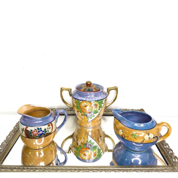 Lusterware Kitchen Set Sugar Creamer Painted Ethnic Asian Japanese Iridescent - Picture 1 of 10